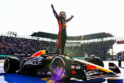Race winner Max Verstappen of the Netherlands and Oracle Red Bull Racing celebrates on the podium after the F1 Grand Prix of Mexico at Autodromo Hermanos Rodriguez on October 29, 2023.