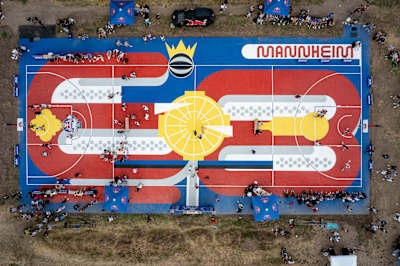 Red Bull Half Court action on the court designed by artist Florian Budke in Mannheim, Germany. 