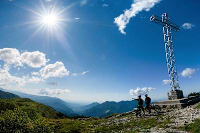 MTB riders Eugenio Carugati and Alesino Clignon seen in Alpe Cimbra, Italy on June 26, 2018.
