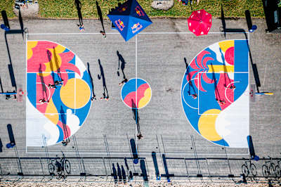 Aerial overview of renovated court designed by street artist Serge Lowrider as an homage to Lausanne for the Red Bull Half Court tournament, Lausanne, Switzerland on July 2, 2022.