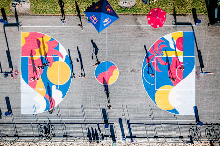 Aerial overview of renovated court designed by street artist Serge Lowrider as an homage to Lausanne for the Red Bull Half Court tournament, Lausanne, Switzerland on July 2, 2022.