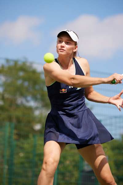 Elena Rybakina hits the tennis ball during a match.
