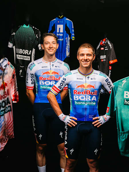 Remco Evenepoel and Florian Lipowitz present the 2026 Tour de France jersey