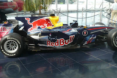Side view of the Red Bull racing RB4 Formula One car at Hangar 7 at Salzburg Airport, Austria.