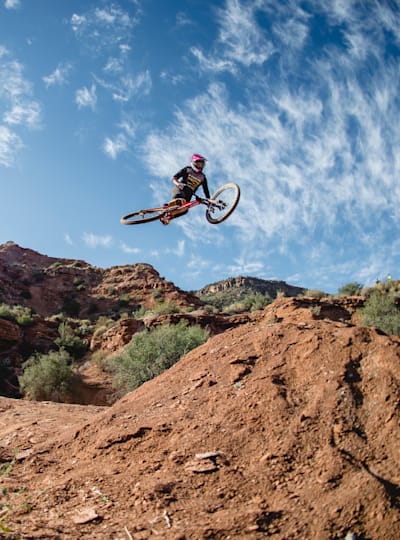 Harriet Burbidge-Smith hits the drop to step-up on ride day 1 at Red Bull Formation in Virgin, Utah, USA on May 29, 2021.