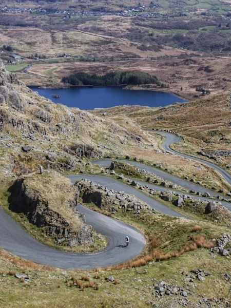 A series of switchbacks on a road climb.