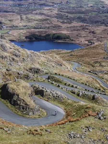 A series of switchbacks on a road climb.