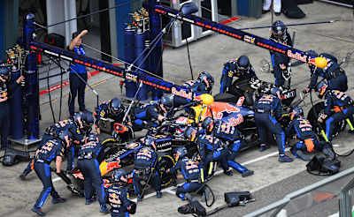 Max Verstappen makes a pit stop during the F1 Grand Prix of Australia at Albert Park Grand Prix Circuit on March 08, 2026 in Melbourne, Australia.