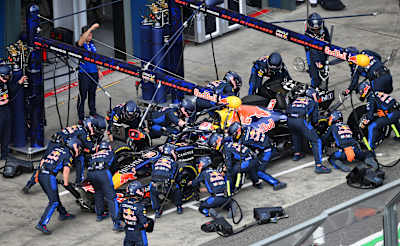 Max Verstappen makes a pit stop during the F1 Grand Prix of Australia at Albert Park Grand Prix Circuit on March 08, 2026 in Melbourne, Australia.