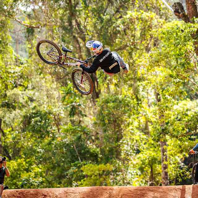 Emil Johansson performs gravity-defying bike stunts at Crankworx, Cairns, 2024