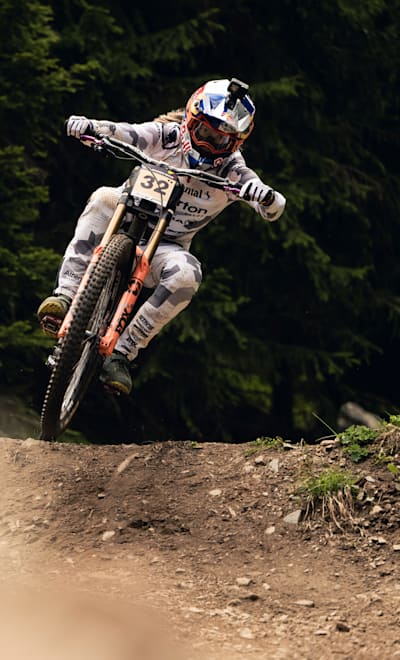 Rachel Atherton performs at UCI DH World Cup in Lenzerheide, Switzerland on June 10, 2023  