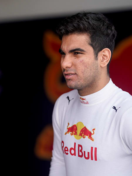 Jehan Daruvala poses for a photo at F2 testing at the Bahrain International Circuit.