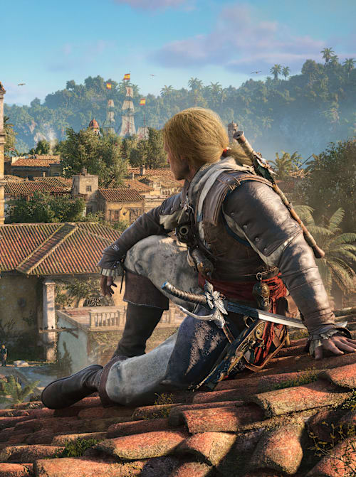 Edward Kenway sitzt in "Assassin’s Creed Black Flag Resynced" auf einem Dach in Havanna.