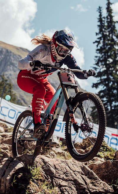 Rachel Atherton in action at the UCI DH World Championships in Lenzerheide on September 9, 2018.