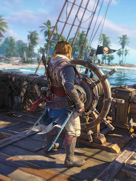 Edward Kenway ao leme do Jackdaw em Assassin's Creed Black Flag Resynced. 