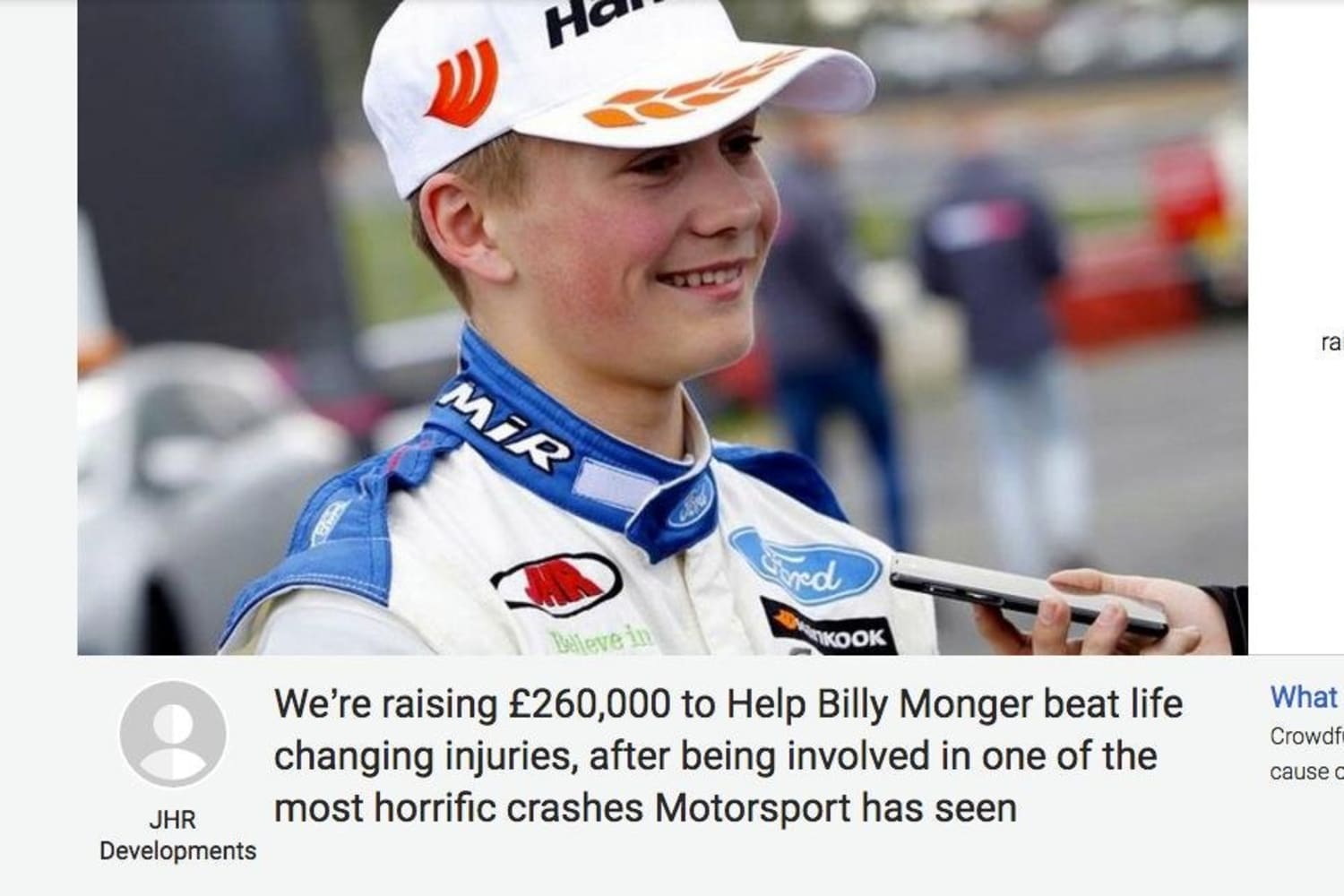 Billy Monger crash Drivers create Justgiving page