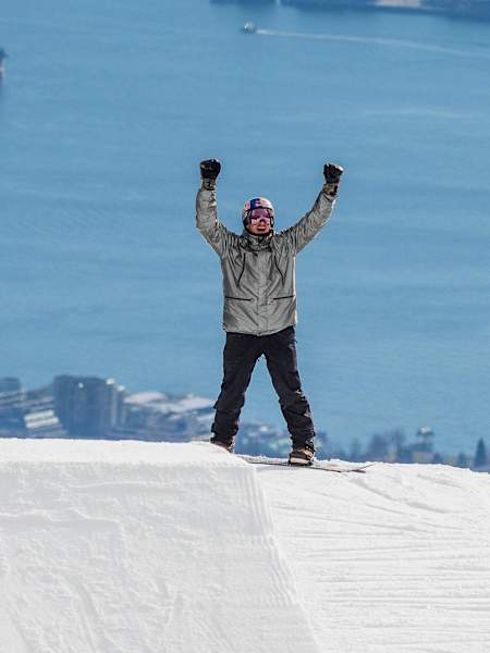 Mark McMorris celebrates during filming for Red Bull Uncorked
