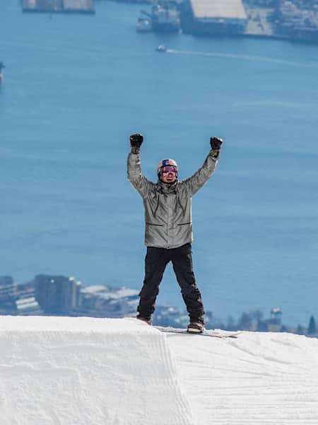 Mark McMorris celebrates during filming for Red Bull Uncorked