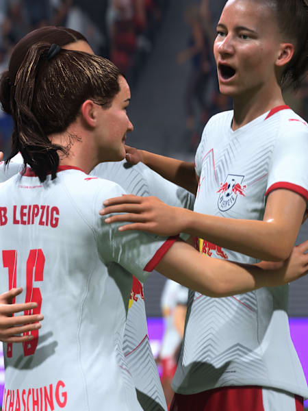 Ein Trio der Frauen von RB Leipzig bejubelt ein Tor in FC 26.