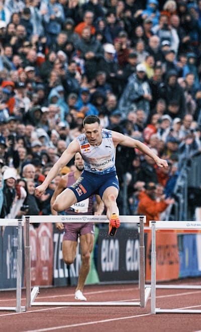 Karsten Warholm competes during Diamond League at Bislett, Norway.
