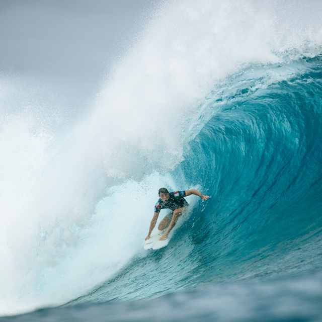 Leonardo Fioravanti of Italy surfs in Heat 2 of the Elimination Round at the SHISEIDO Tahiti Pro on May 29, 2024, at Teahupo'o, Tahiti, French Polynesia. 