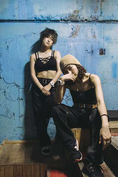 Kyoka and Maika pose for a portrait at their Rush Ball 15th Anniversary in the backstage of the Misono Universe in Osaka, Japan on June 23, 2019