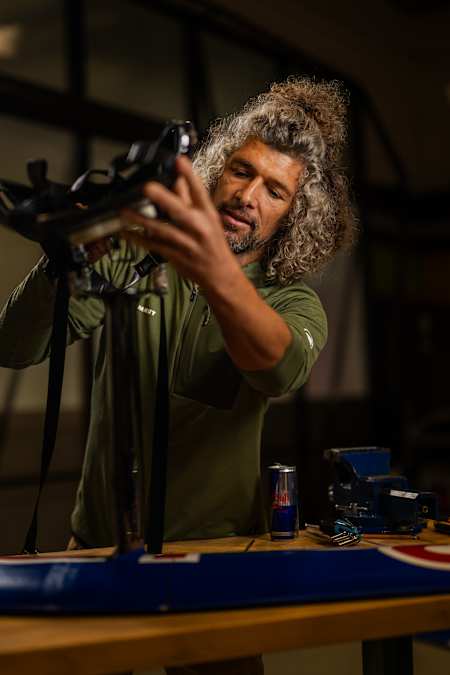 Andreas Podlipnik seen working on a prototype of the world's first wingsuit foil.    