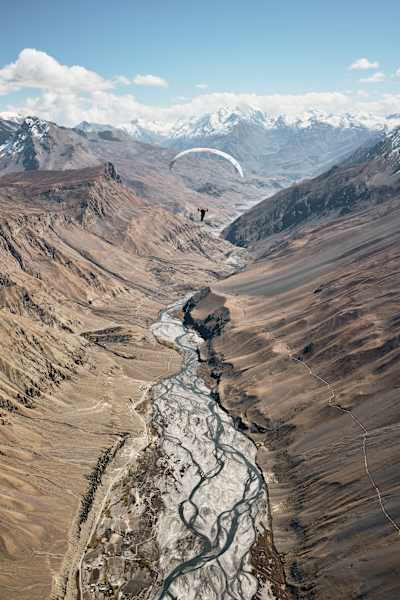 Thomas de Dorlodot and Horacio Llorens paraglide over the Himalayan mountains.