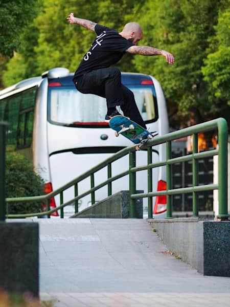 The spots in China never cease to amaze. Taylor Nawrocki utilises this awesome bump for a hop up to frontside crook in Shanghai