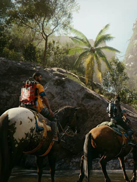 Far Cry 6 muestra a dos jugadores montando a caballo por la pintoresca isla de Yara.