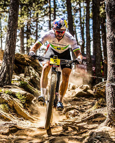 Henrique Avancini at UCI MTB Mountain Bike World Cup in Vallnord, Andorra, on July 7, 2019.