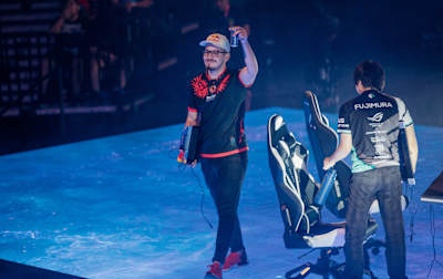Adel 'Big Bird' Anouche celebrates a victory in the Street Fighter V: Arcade Edition Finals at Evo 2019, at the Mandalay Bay Convention Centre in Las Vegas, NV, USA on 4 August, 2019.