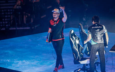 Adel 'Big Bird' Anouche celebrates a victory in the Street Fighter V: Arcade Edition Finals at Evo 2019, at the Mandalay Bay Convention Centre in Las Vegas, NV, USA on 4 August, 2019.