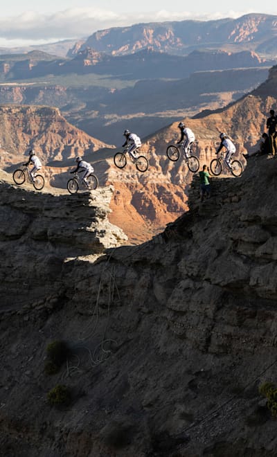 Szymon Godziek hits a jump at Red Bull Rampage in Virgin, Utah, USA on October 12, 2023.