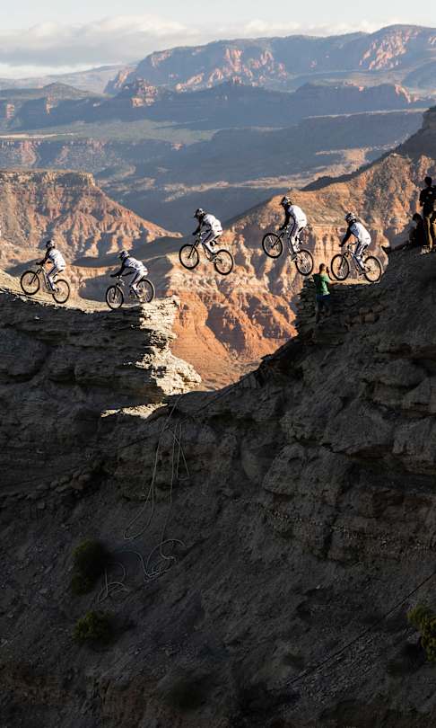 Szymon Godziek hits a jump at Red Bull Rampage in Virgin, Utah, USA on October 12, 2023.