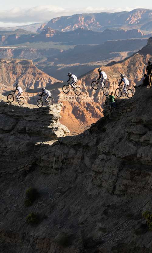 Szymon Godziek hits a jump at Red Bull Rampage in Virgin, Utah, USA on October 12, 2023.