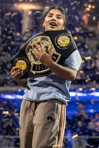 India celebrates with the belt after winning Red Bull BC One World Final 2022, on November 12 in New York City, USA. 