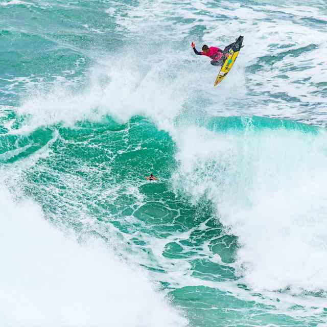 Lucas Chianca performs during WSL Big Wave Tour in Nazare, Portugal on January 22, 2024 .
