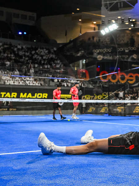Arturo Coello of Spain and Agustin Tapia of Argentina celebrate victory during the OOREDOO QATAR MAJOR PREMIER PADEL in Doha, Qatar on April 19, 2025.