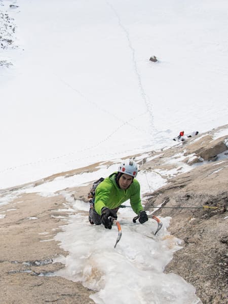 Tyler Kempney climbs towards the camera in Colorado.