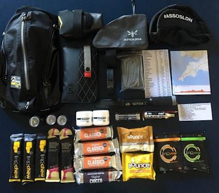 The typical kit carried by Guy Litespeed on an Everesting attempt.