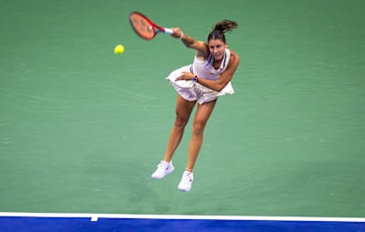 Emma Navarro serves against Aryna Sabalenka in the semi-final on Day 11 of the US Open at USTA Billie Jean King National Tennis Center, New York, on September 5, 2024.