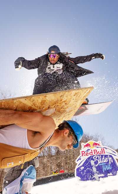 American skateboarder Zeb Powell wall rides Man Ramp at Red Bull Slide-In.