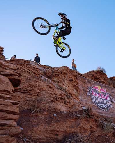 Robin Goomes launches a spectacular jump during Red Bull Rampage practice in Virgin, Utah in 2025.