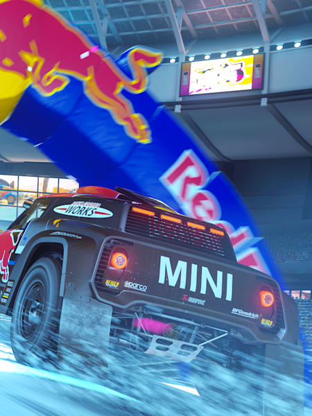 Screenshot of a Red Bull vehicle racing over the finish line in DIRT 5
