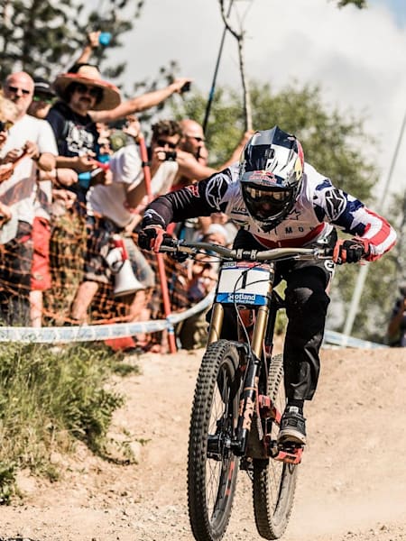 Aaron Gwin racing during finals at Fort William World Cup on June 5, 2016