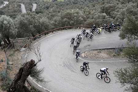 Eine Gruppe von Rennradfahrern aus der Vogelperspektive.