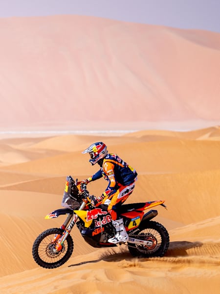In 2025, Daniel Sanders of Red Bull KTM Factory Racing races through desert dunes during Stage 11 of the Dakar Rally near Subaytah, Saudi Arabia