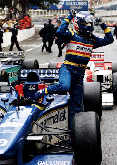 Oliver Panis celebrates his one and only F1 race win at the Monaco Grand Prix in 1996.