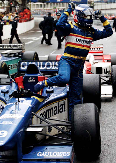 Oliver Panis celebrates his one and only F1 race win at the Monaco Grand Prix in 1996.